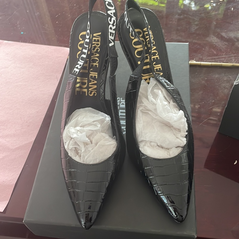 Black Versace sling back Croc pumps NIB